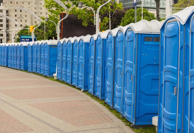 a line of portable restrooms set up for a wedding or special event, ensuring guests have access to comfortable and clean facilities throughout the duration of the celebration in Northdale